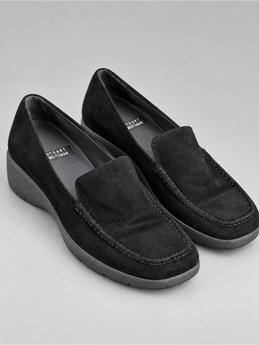 vtg Y2K Stuart Weitzman Black Suede Square Toe Loafers Women 7 B